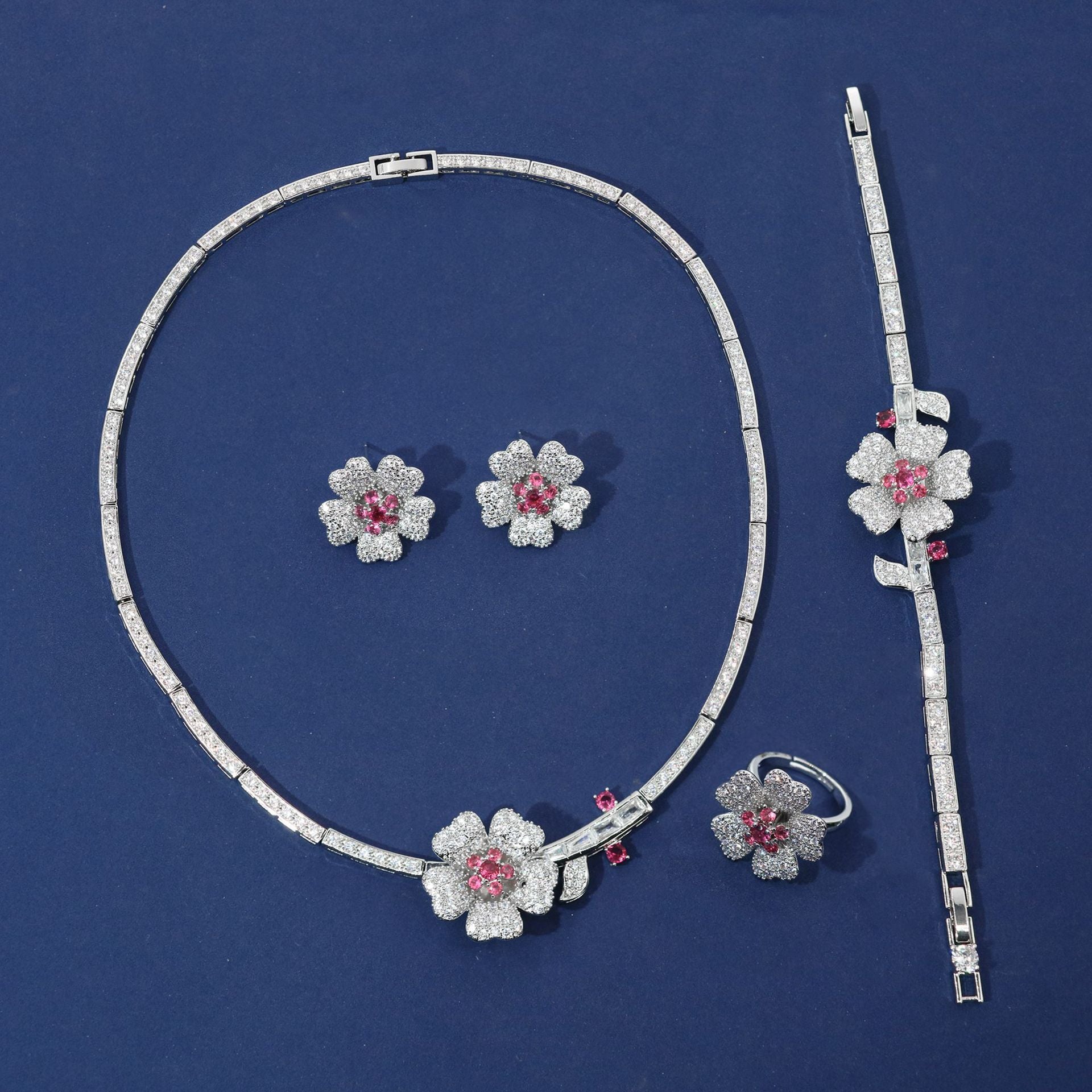 Flower Zircon Necklace Ear Bracelet Ring Car Accessories