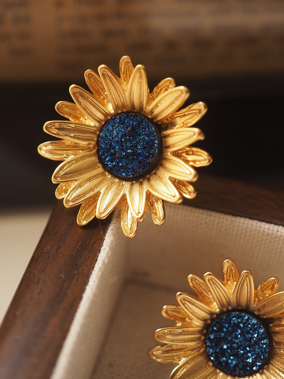 Sunflower Ear Clip Vintage Distressed Gold Plated