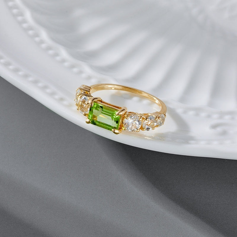 S925 Silberring mit K-Gold-Veredelung und grünem Olivin