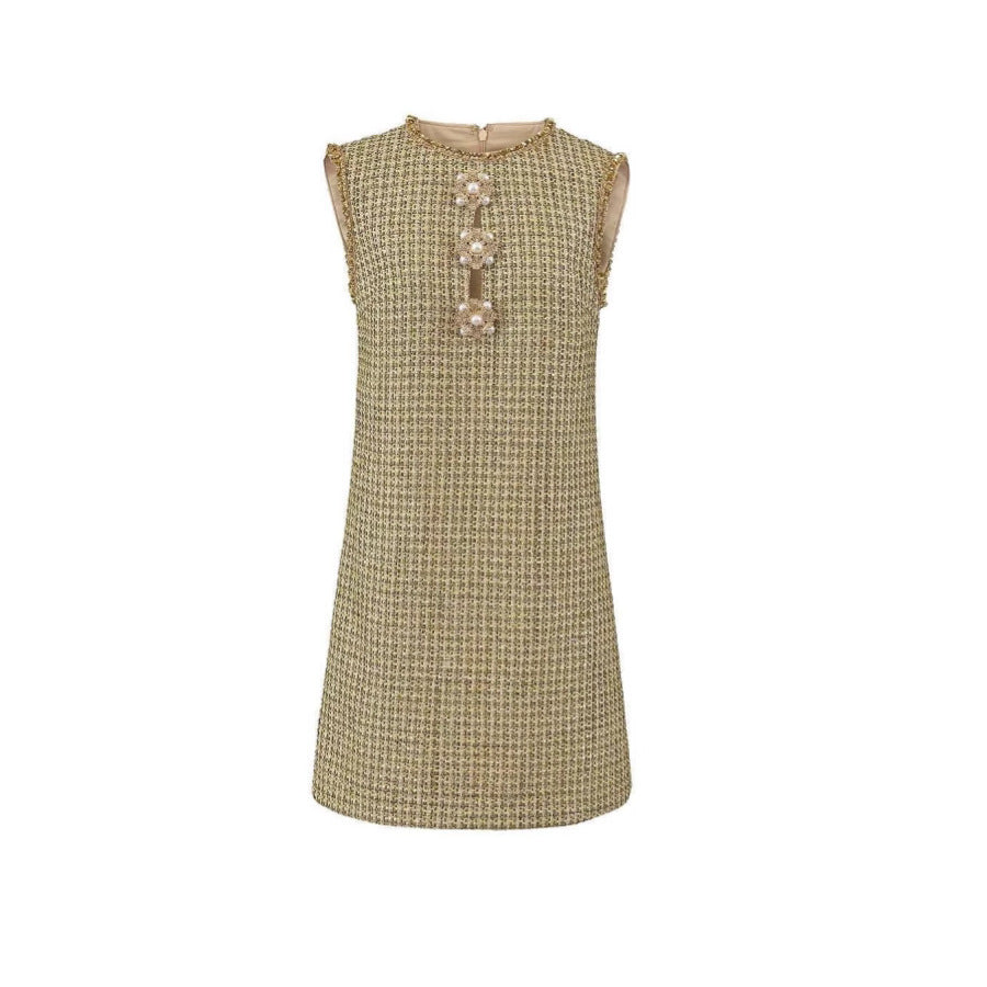 Golden Lattice Sleeveless Round Neck Luxury Sequins Loose Waist Dress