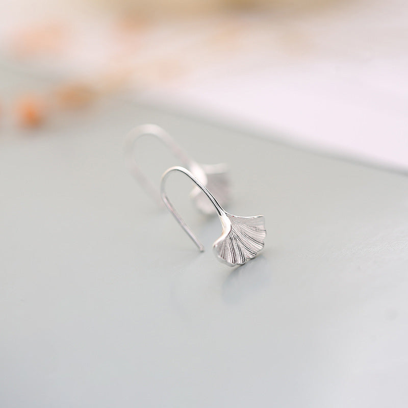 S925 Sterling Silver White Gold Plated Eardrops Ginkgo Leaf