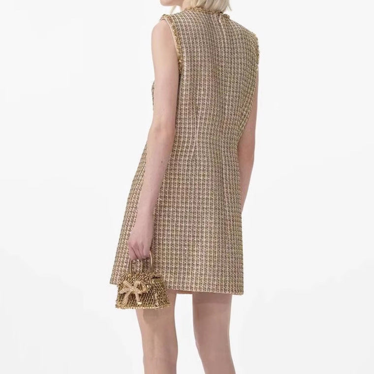 Golden Lattice Sleeveless Round Neck Luxury Sequins Loose Waist Dress