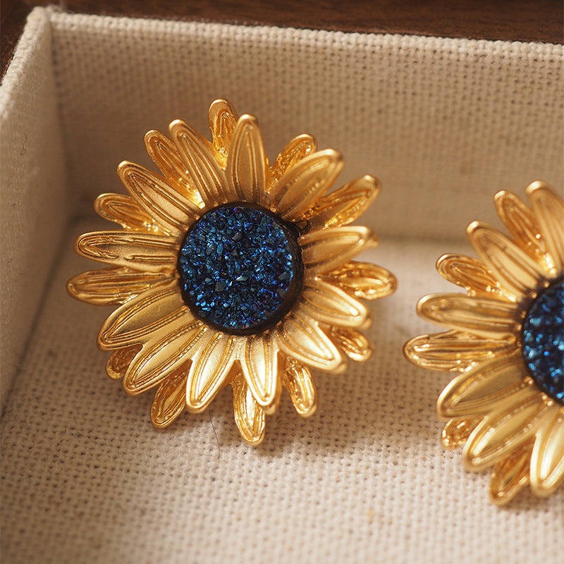 Sunflower Ear Clip Vintage Distressed Gold Plated