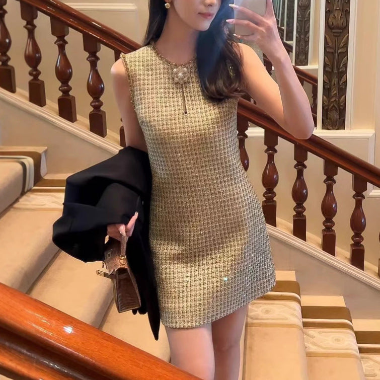 Golden Lattice Sleeveless Round Neck Luxury Sequins Loose Waist Dress
