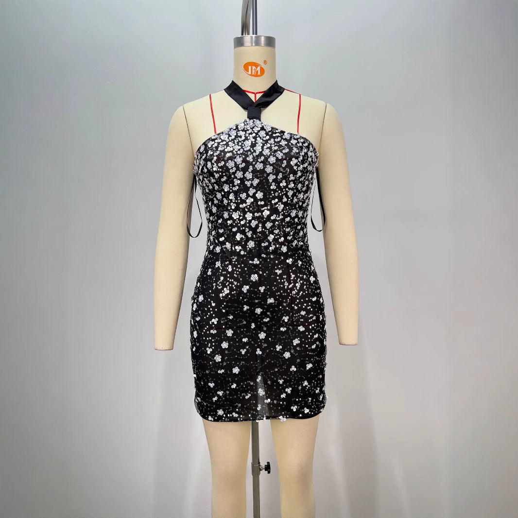 Black Sexy Slimming Halter Off-the-shoulder Rhinestone Sheath Dress