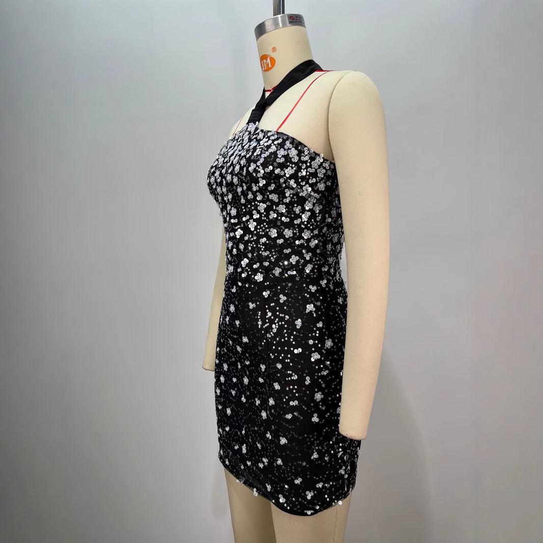 Black Sexy Slimming Halter Off-the-shoulder Rhinestone Sheath Dress