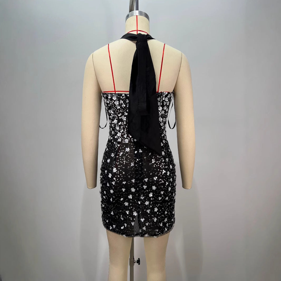 Black Sexy Slimming Halter Off-the-shoulder Rhinestone Sheath Dress