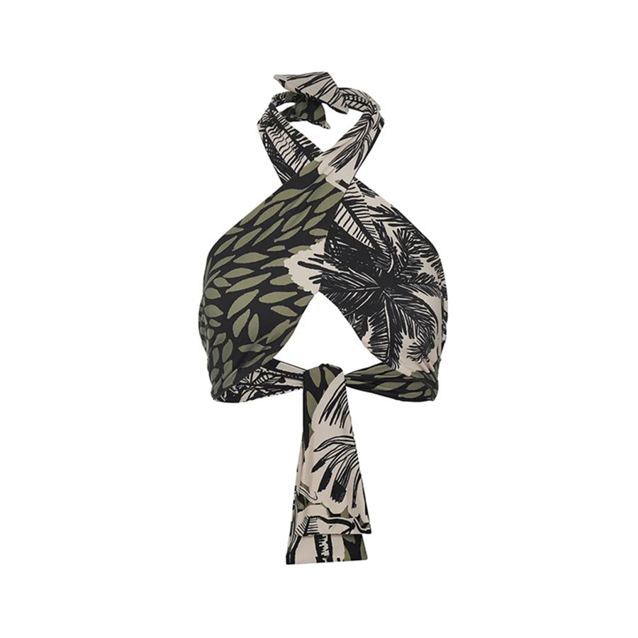 Tiefer Halter-Bikini mit Band, Palmenprint