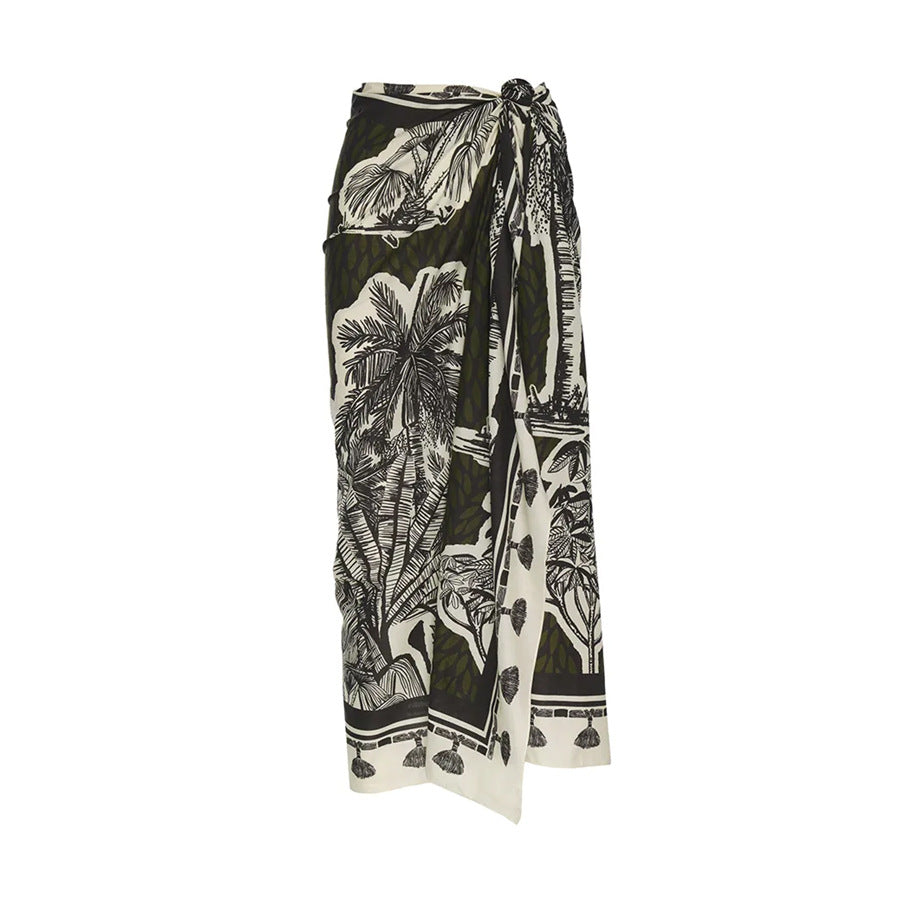 Tiefer Halter-Bikini mit Band, Palmenprint