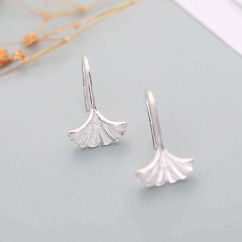 S925 Sterling Silver White Gold Plated Eardrops Ginkgo Leaf