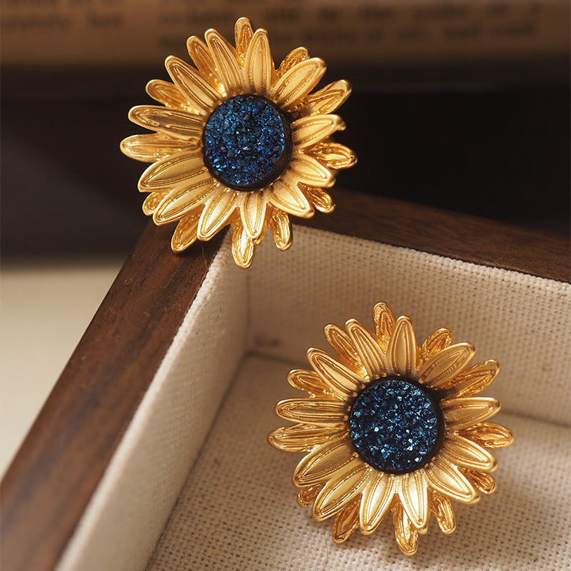 Sunflower Ear Clip Vintage Distressed Gold Plated
