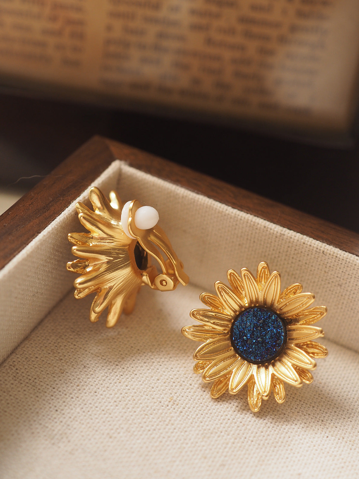 Sunflower Ear Clip Vintage Distressed Gold Plated