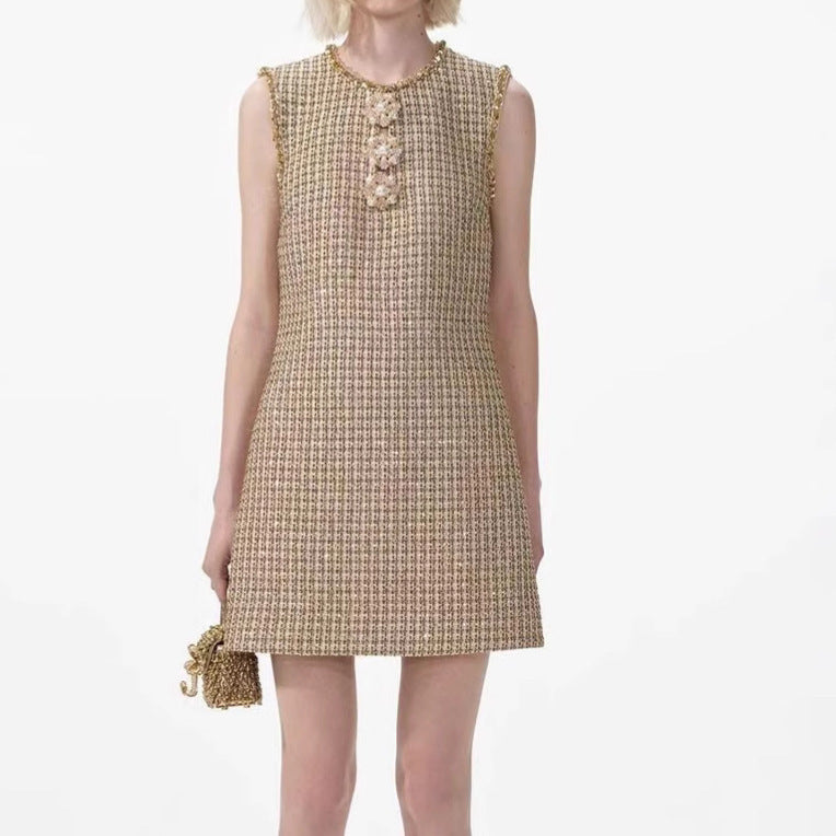 Golden Lattice Sleeveless Round Neck Luxury Sequins Loose Waist Dress