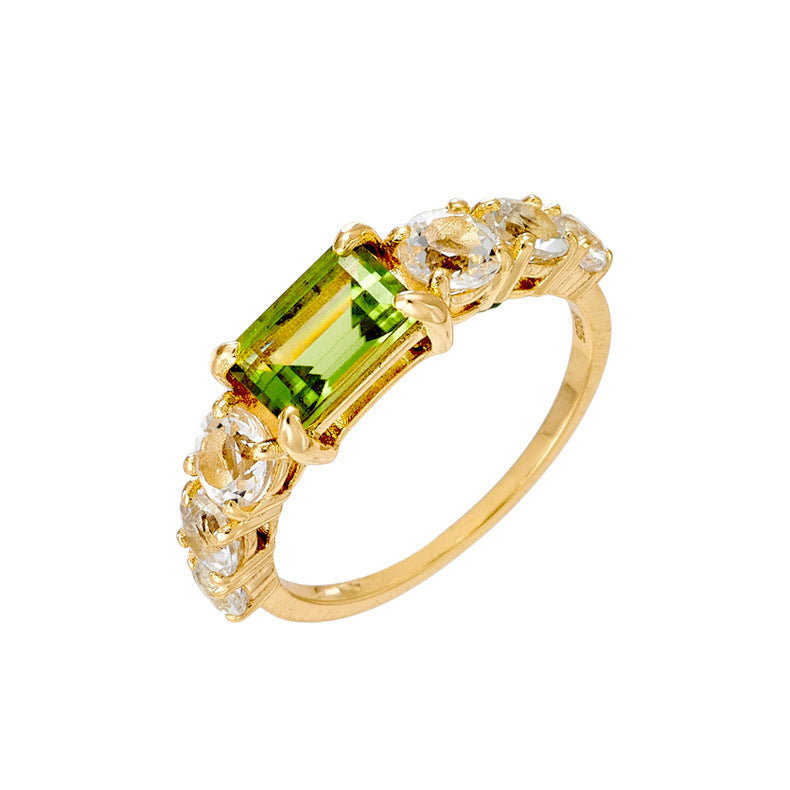 S925 Silberring mit K-Gold-Veredelung und grünem Olivin