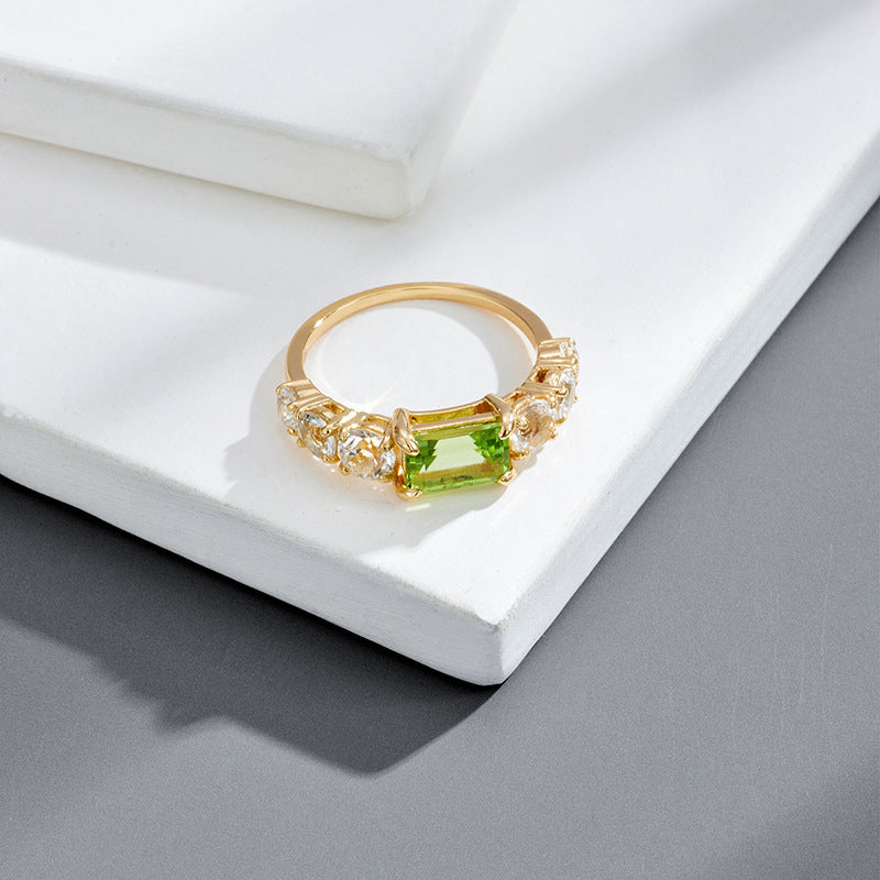 S925 Silberring mit K-Gold-Veredelung und grünem Olivin